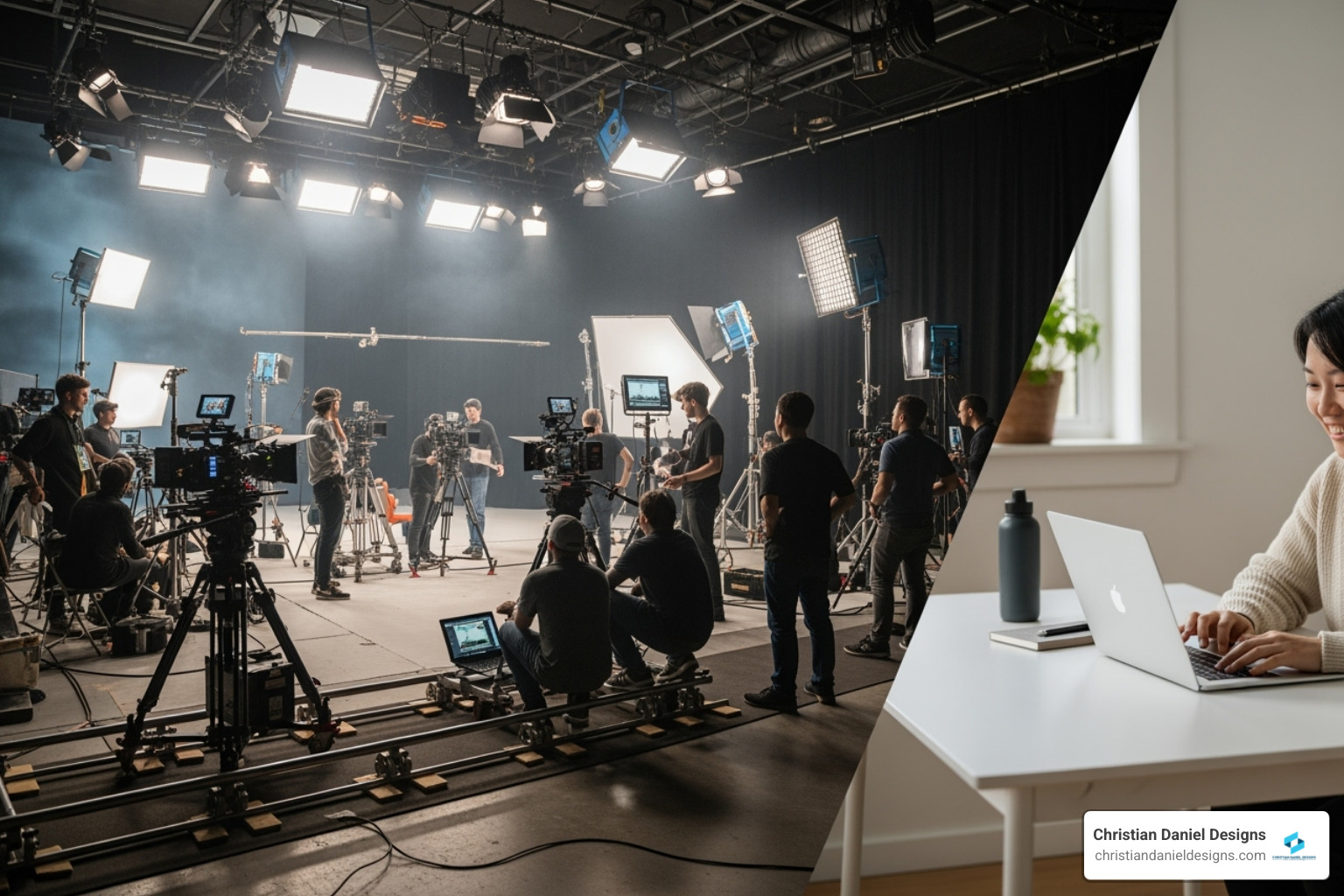 A split-screen image showing a costly film set with cameras and lighting on one side and a person happily using an AI video tool on a laptop with a simple product shot on the other - how to make product video with ai