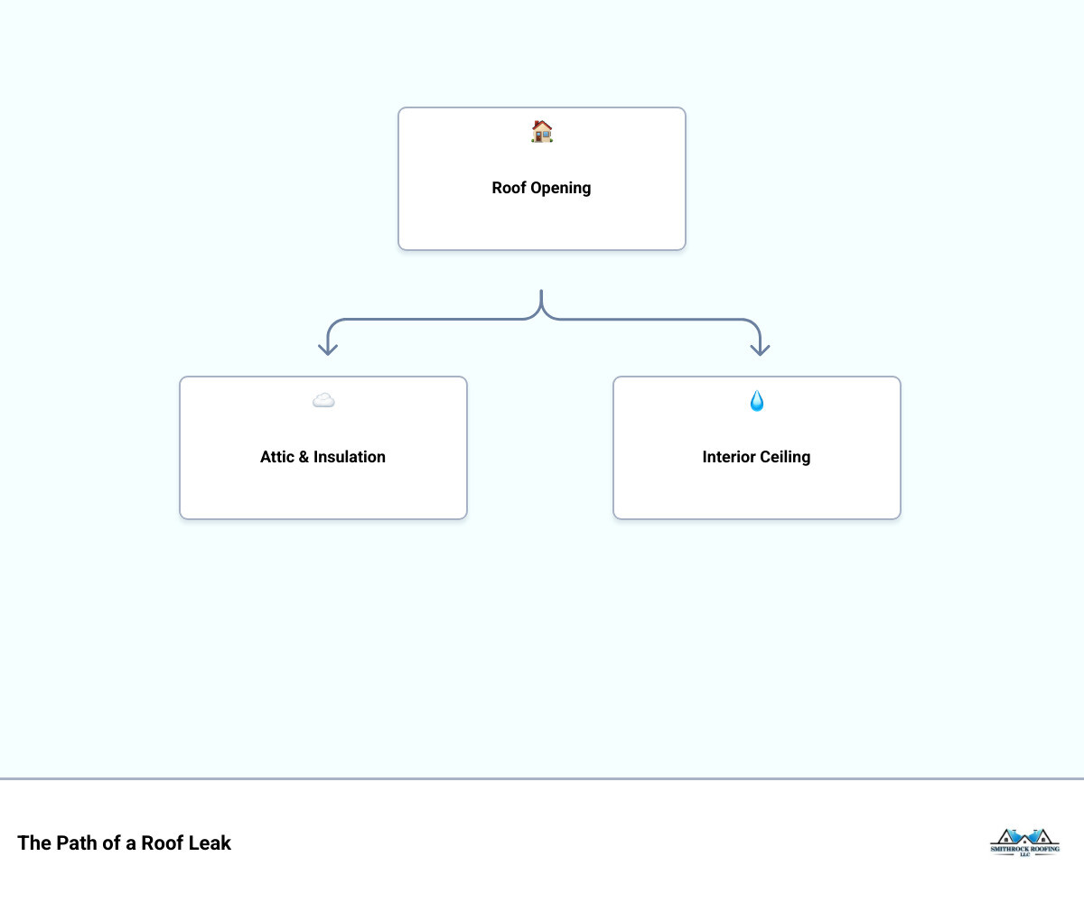 infographic showing the path of water from a damaged roof shingle through the attic space, soaking insulation and roof decking, traveling along rafters, and finally appearing as a ceiling stain in the living space below, with labels for each component including shingle, underlayment, decking, insulation, rafter, and interior ceiling - roof leak repair infographic hierarchy