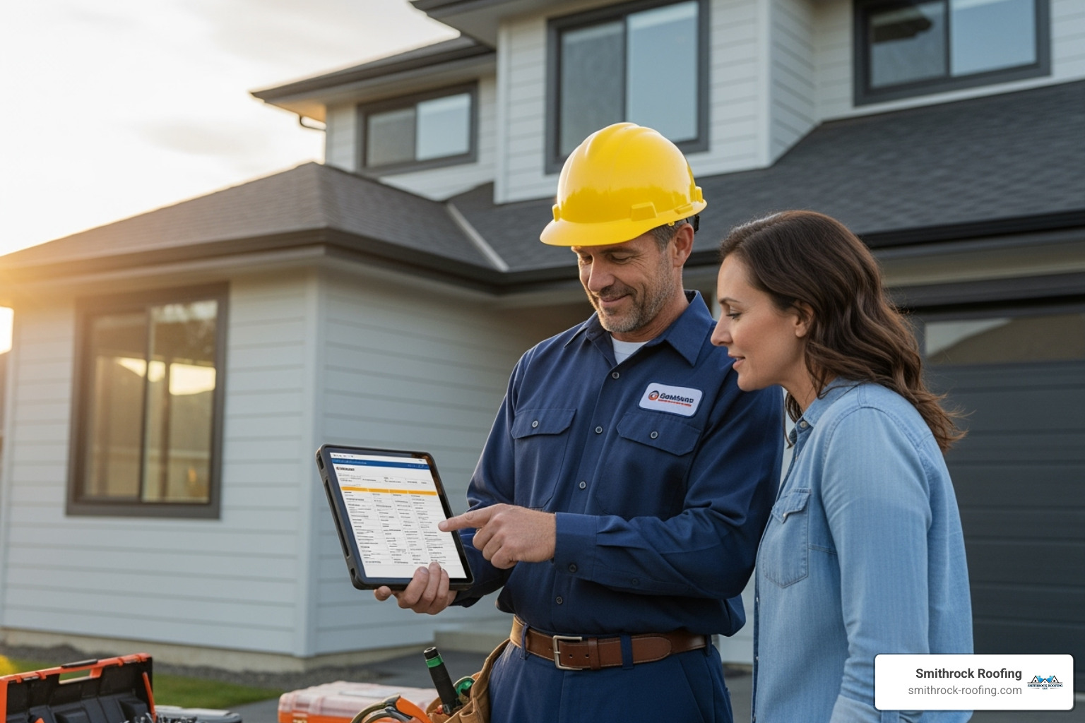 a professional roofer in uniform providing a homeowner with a detailed estimate on a tablet - roof leak repair