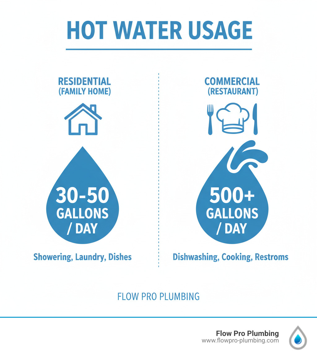 infographic showing the difference between residential hot water usage (30-50 gallons per day for a family) versus commercial usage (500+ gallons per day for a restaurant with dishwashing, cooking, and restroom facilities) - Commercial water heater infographic infographic showing the difference between residential hot water usage (30-50 gallons per day for a family) versus commercial usage (500+ gallons per day for a restaurant with dishwashing, cooking, and restroom facilities) - Commercial water heater infographic