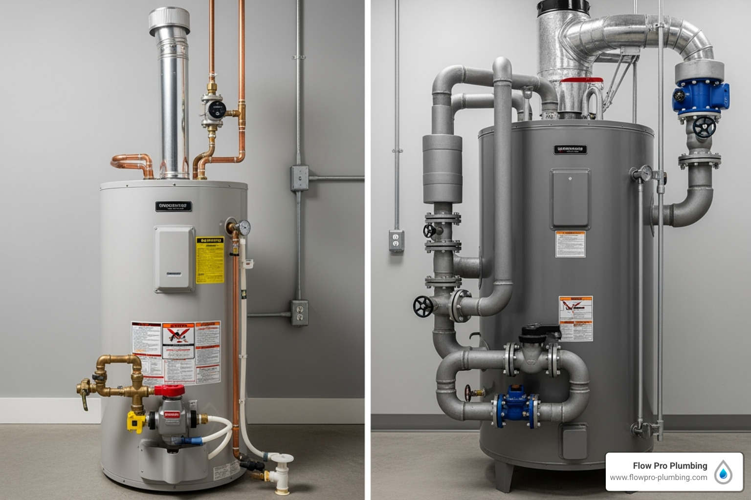 side-by-side comparison of a small residential water heater and a large commercial one - Commercial water heater side-by-side comparison of a small residential water heater and a large commercial one - Commercial water heater
