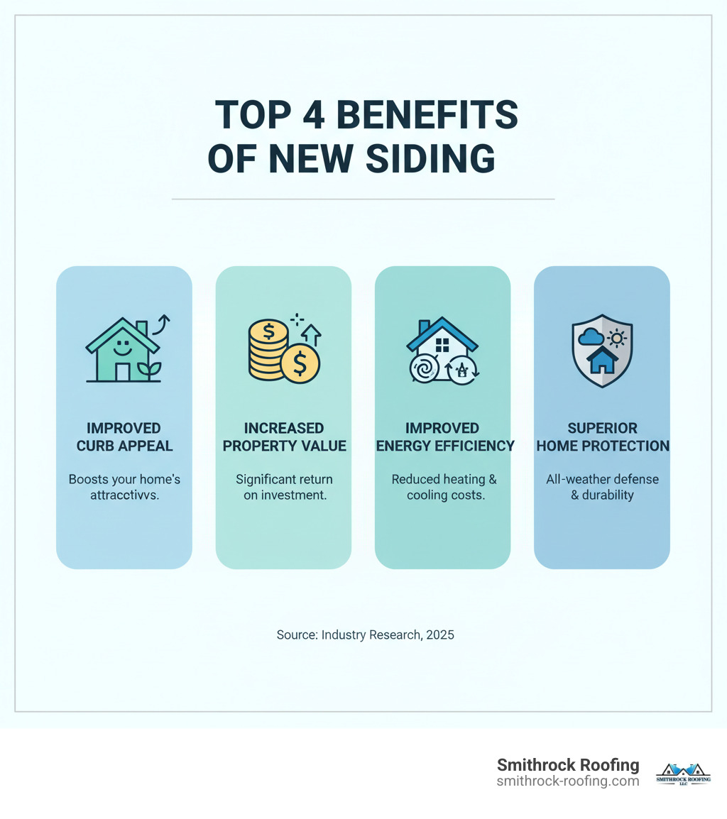Infographic explaining the top 4 benefits of new siding: Improved Curb Appeal, Increased Property Value, Improved Energy Efficiency, and Superior Home Protection. - siding contractors infographic 