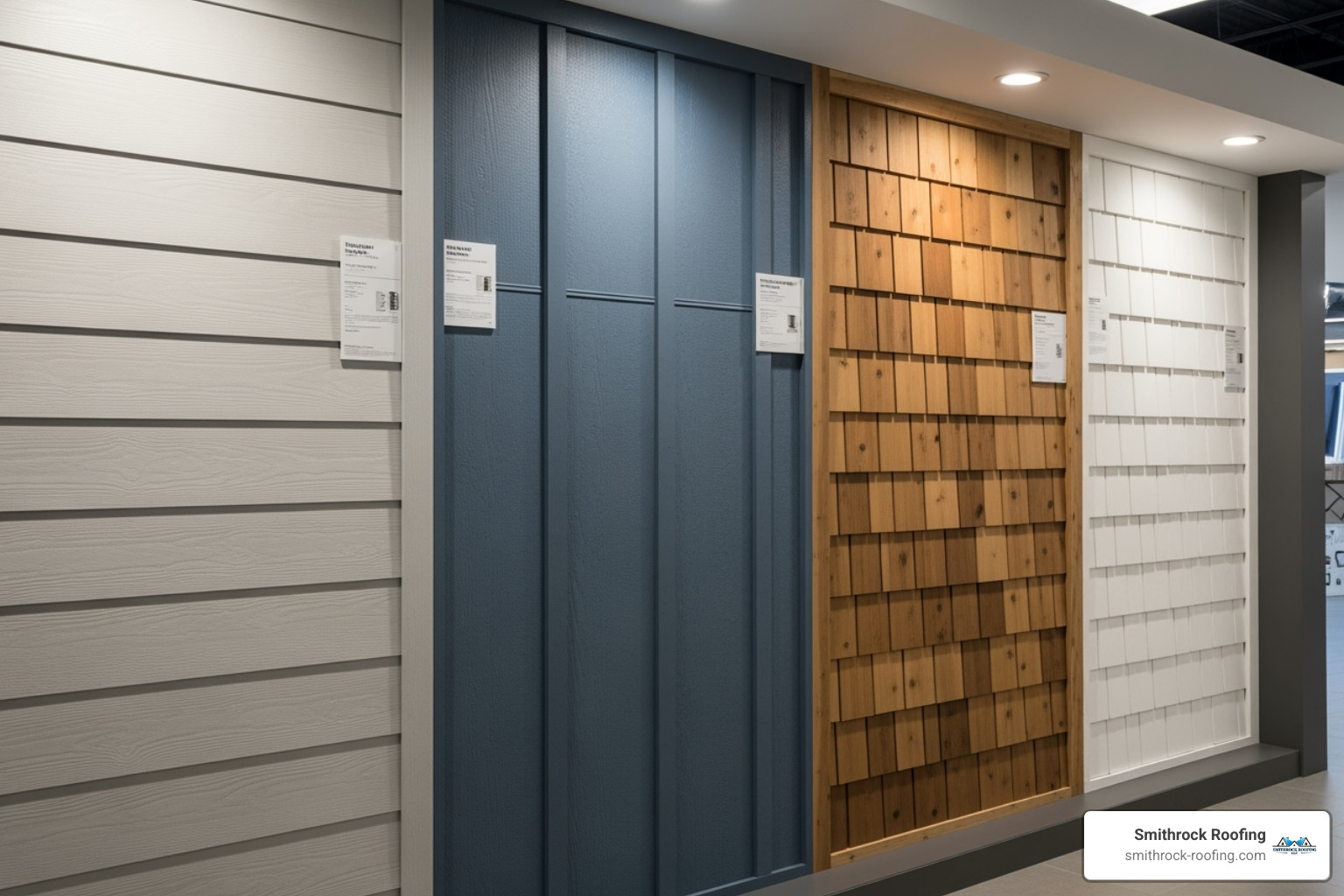 A wall displaying samples of vinyl siding, fiber cement siding, and wood siding, clearly labeled for comparison - siding contractors