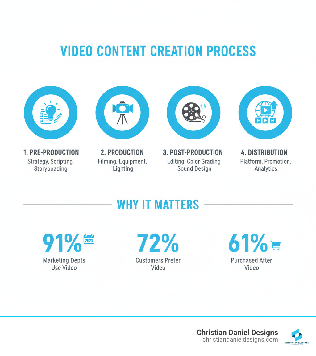 Infographic showing the four stages of video content creation: Pre-Production (strategy, scripting, storyboarding), Production (filming with proper equipment and lighting), Post-Production (editing, color grading, sound design), and Distribution (platform optimization, promotion, analytics). Statistics show 91% of marketing departments use video, 72% of customers prefer video content, and 61% have purchased after watching brand videos. - video content creation infographic 