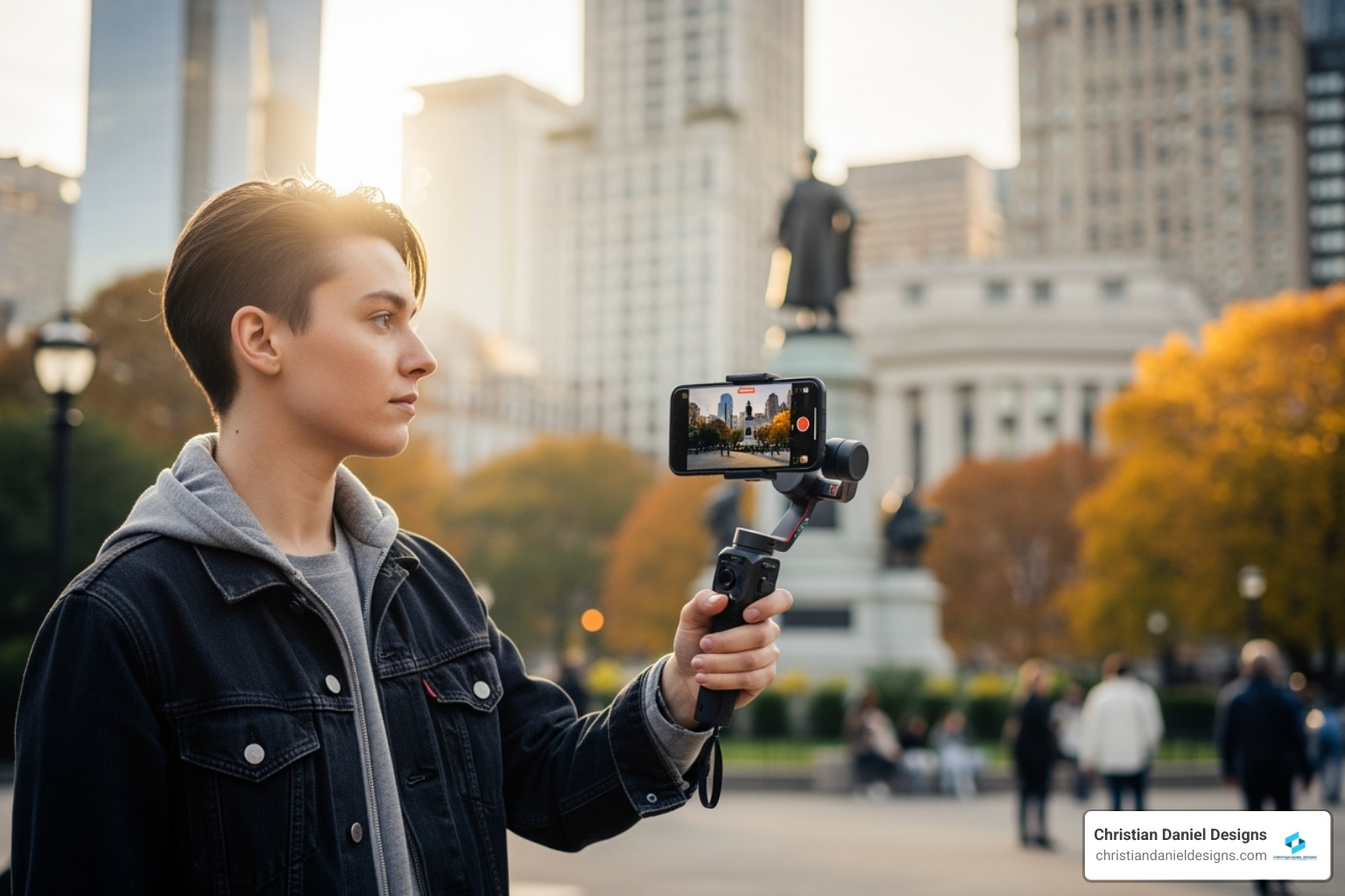 person filming with a smartphone on a gimbal, demonstrating good lighting and composition - video content creation