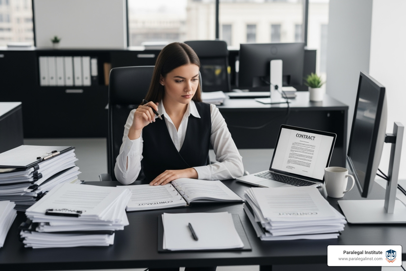 paralegal reviewing stack of legal contracts - commercial paralegal job description