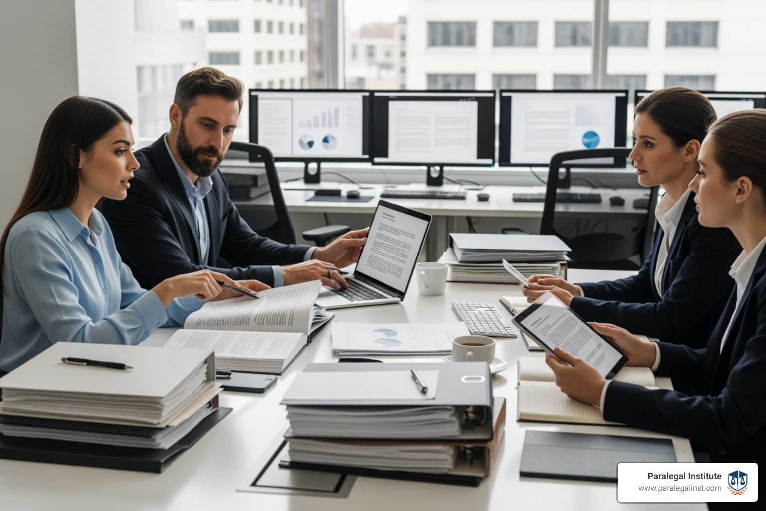 paralegal collaborating with legal team - commercial paralegal job description