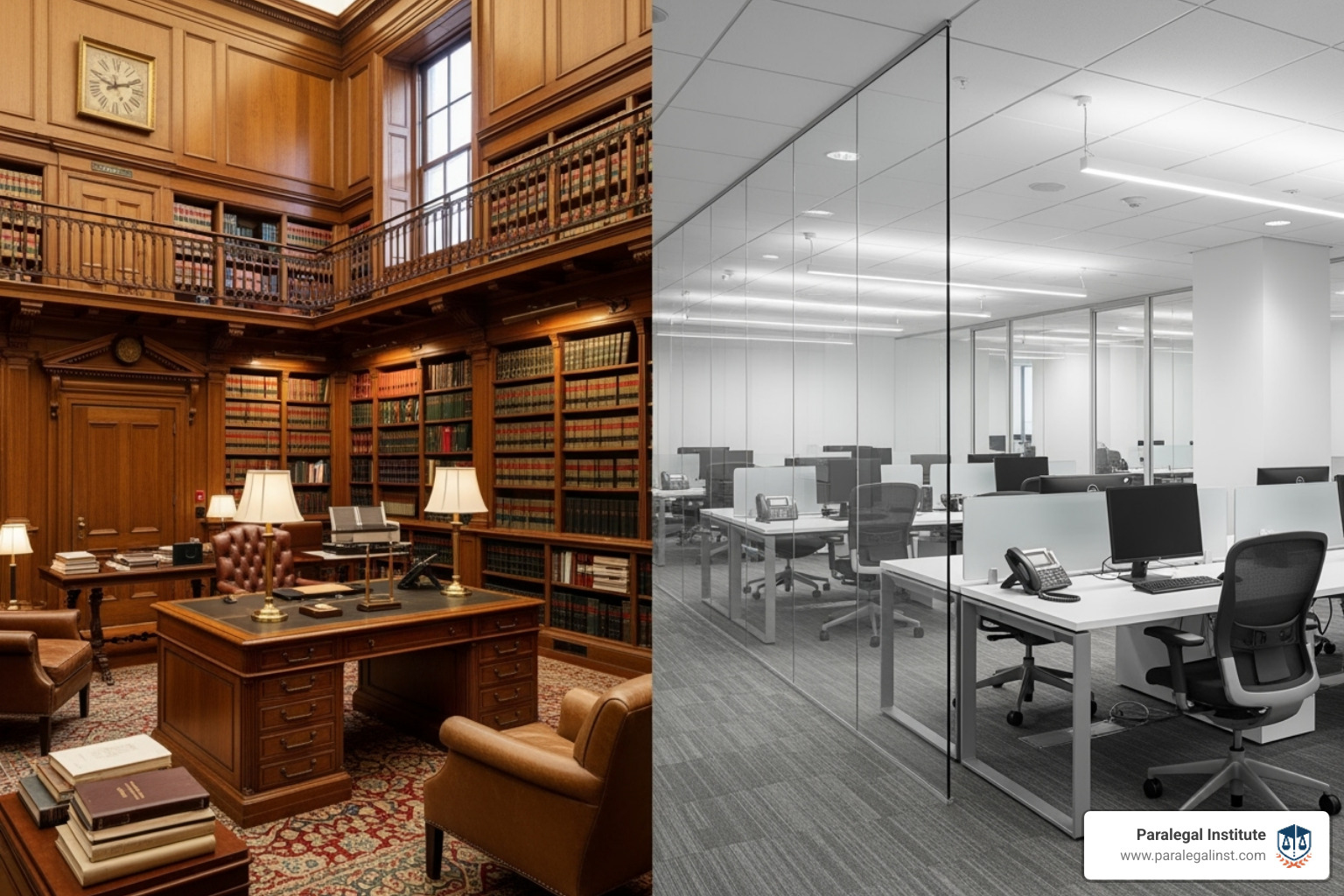 two different work settings: a traditional law firm library and a sleek in-house corporate legal department - commercial paralegal job description