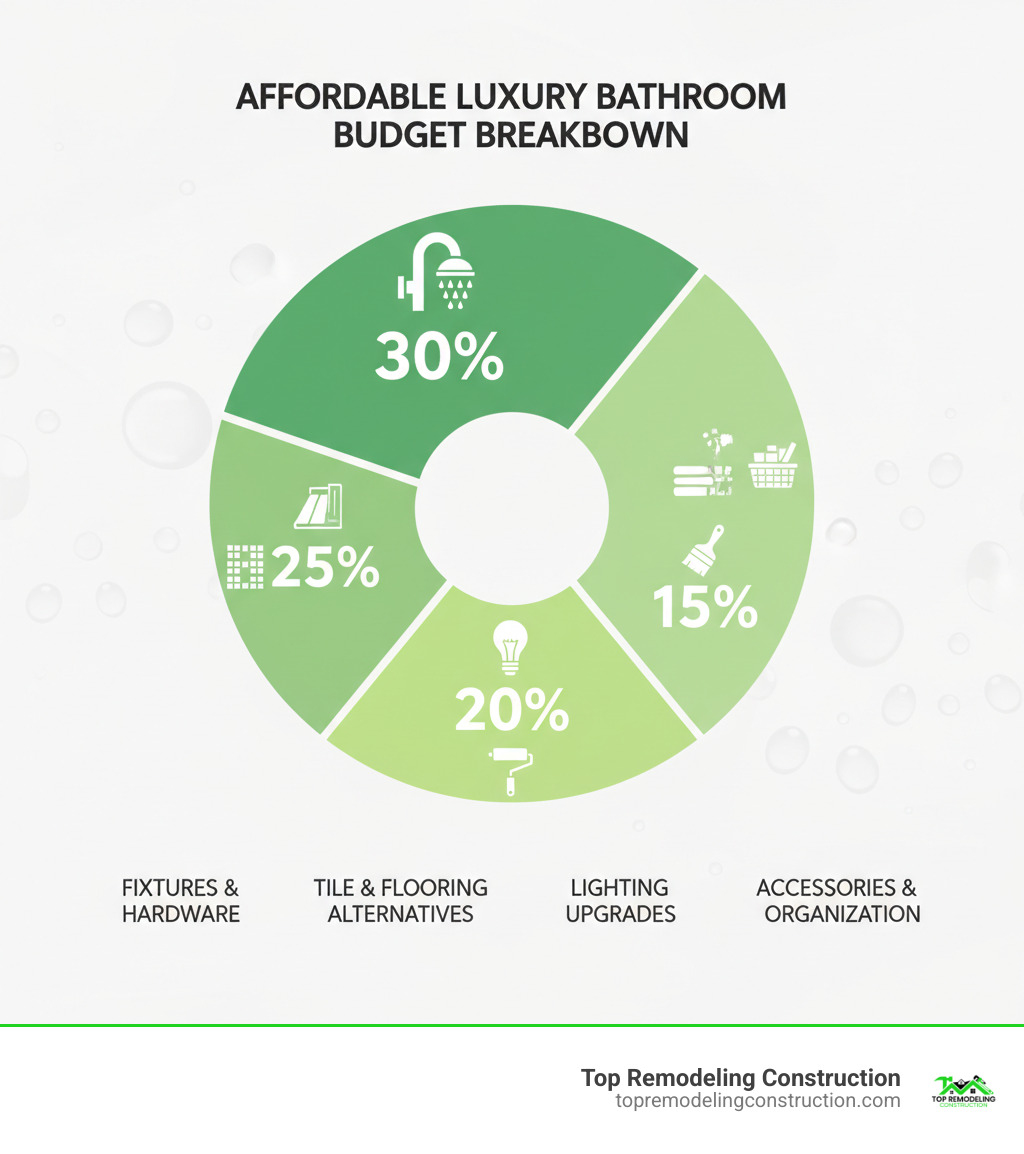 Infographic showing budget breakdown for affordable luxury bathroom: 30% fixtures and hardware, 25% tile and flooring alternatives, 20% lighting upgrades, 15% paint and finishing touches, 10% accessories and organization - Affordable luxury bathrooms infographic Infographic showing budget breakdown for affordable luxury bathroom: 30% fixtures and hardware, 25% tile and flooring alternatives, 20% lighting upgrades, 15% paint and finishing touches, 10% accessories and organization - Affordable luxury bathrooms infographic