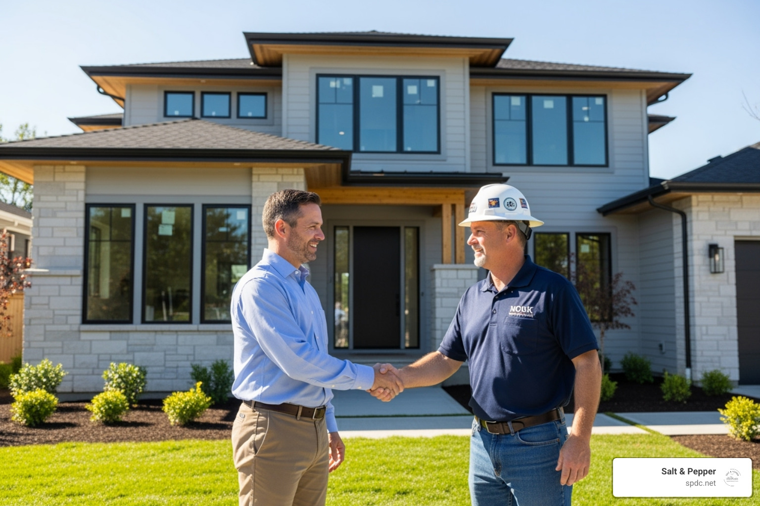 a client and contractor shaking hands in front of a finished home - Design build services a client and contractor shaking hands in front of a finished home - Design build services