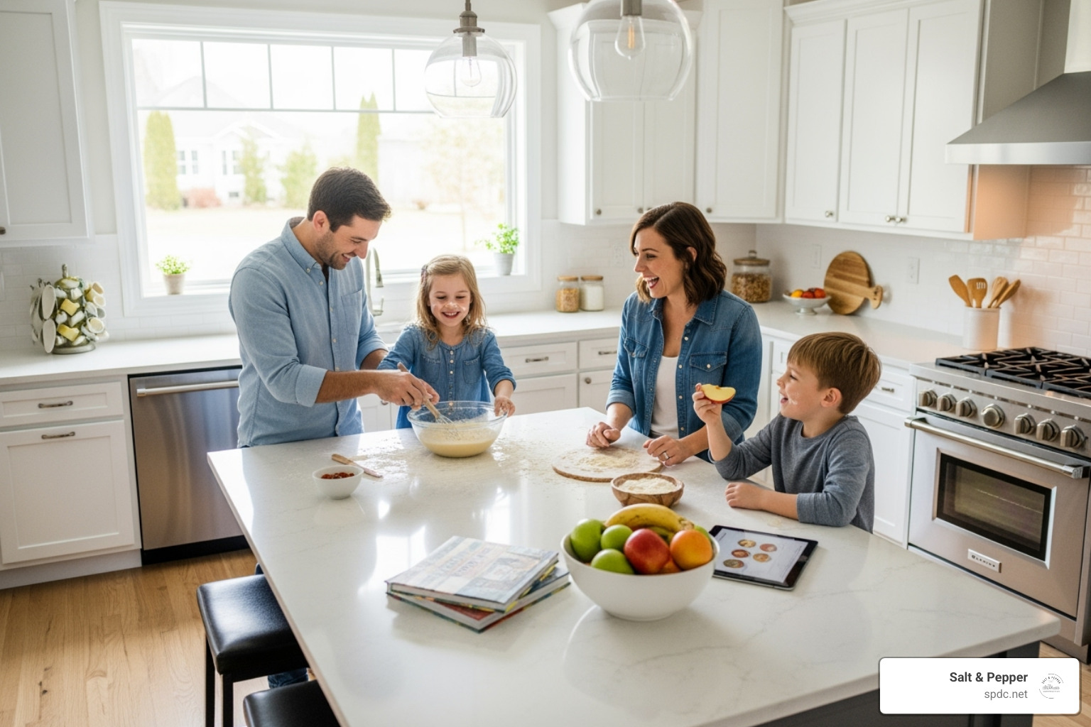 a happy family enjoying a newly completed kitchen renovation - Design build services a happy family enjoying a newly completed kitchen renovation - Design build services