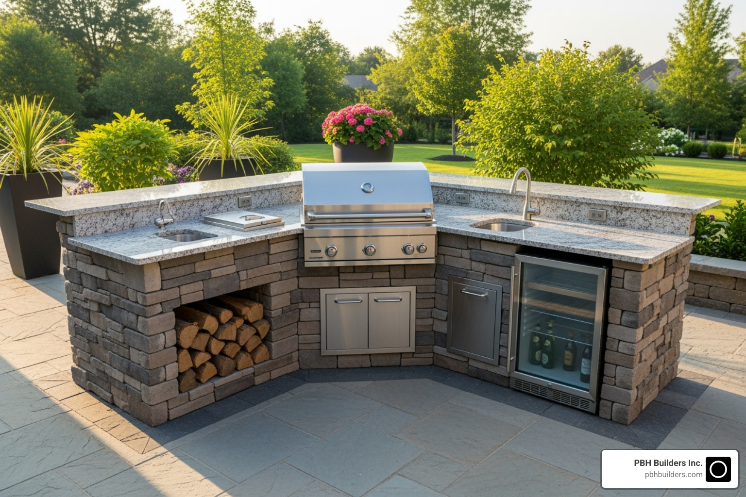 custom L-shaped BBQ island with stone veneer and granite countertops - bbq islands near me