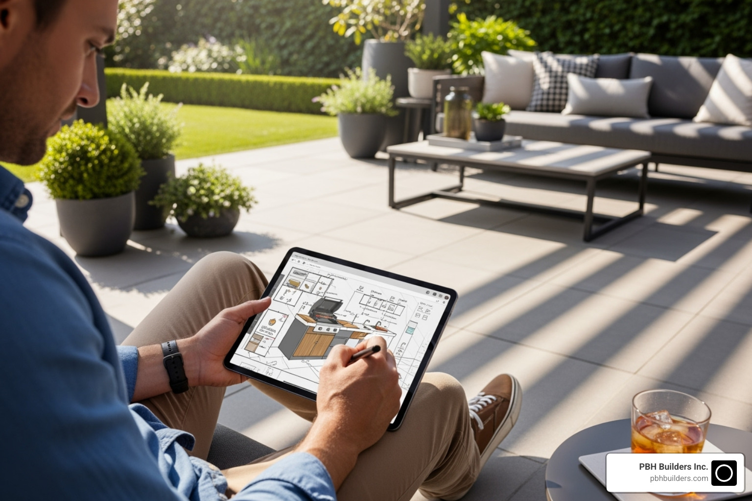 person sketching a design for a BBQ island on a patio - bbq islands near me