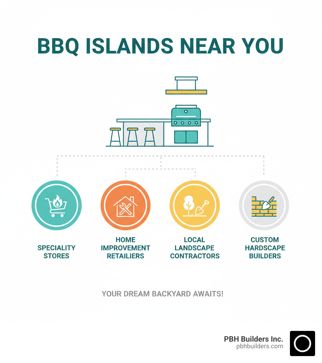 Infographic showing where to find BBQ islands for sale near you, including specialty stores, home improvement retailers, local landscape contractors, and custom hardscape builders - bbq islands near me infographic 