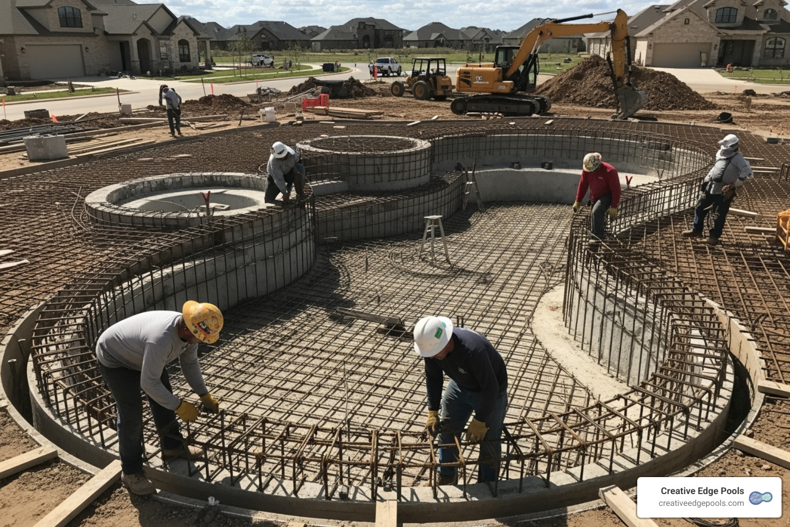 Rebar grid being installed for a gunite pool before concrete application - Swimming Pool Masonry