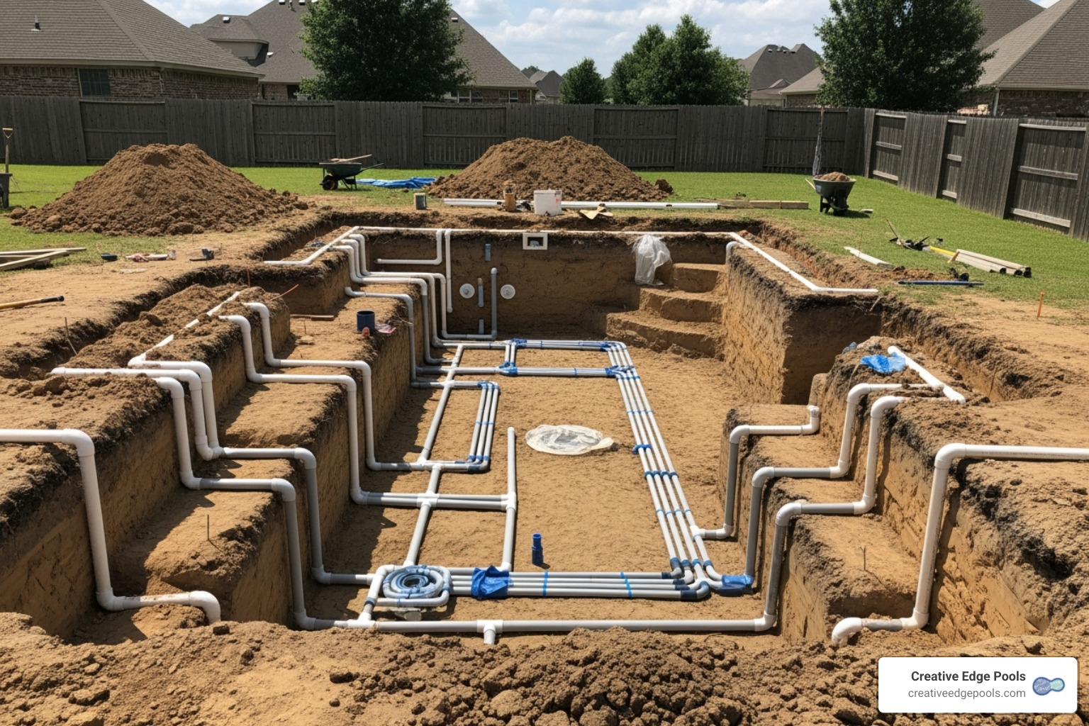 Pool excavation site with plumbing lines laid out - Swimming Pool Masonry