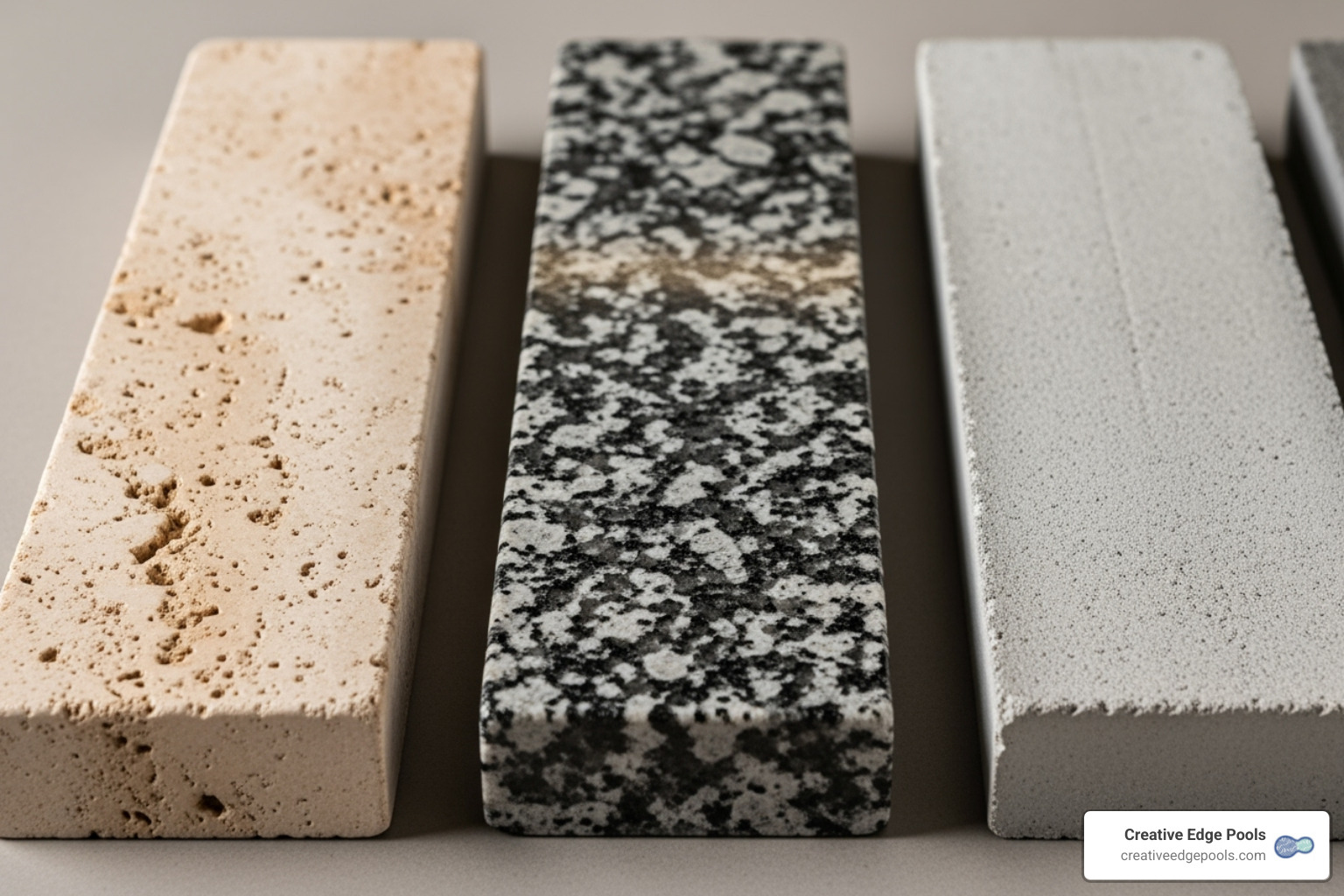 Display of various pool coping materials like travertine, granite, and pavers - Swimming Pool Masonry