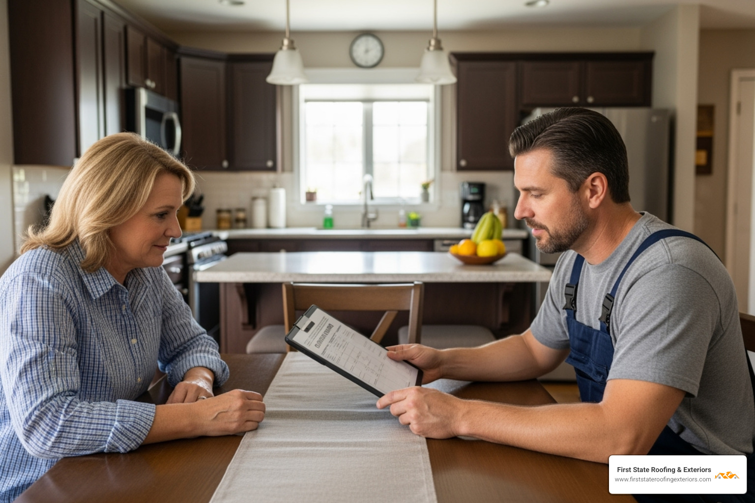 Homeowner reviewing estimate with contractor - roofing contractors delaware Homeowner reviewing estimate with contractor - roofing contractors delaware