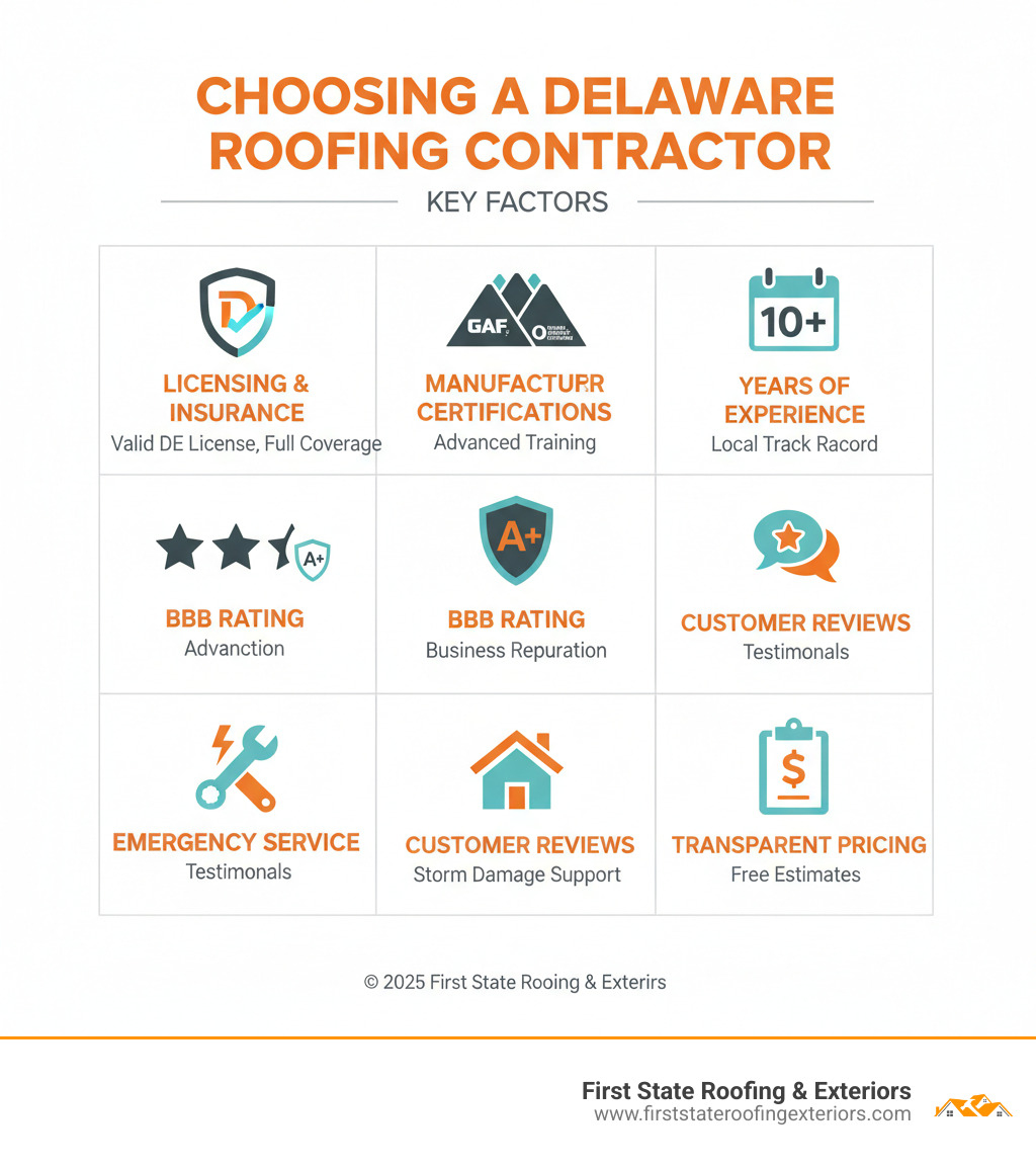 Infographic showing key factors when choosing a Delaware roofing contractor including licensing, insurance coverage, manufacturer certifications, years of experience, BBB rating, customer reviews, and emergency service availability - roofing contractors delaware infographic Infographic showing key factors when choosing a Delaware roofing contractor including licensing, insurance coverage, manufacturer certifications, years of experience, BBB rating, customer reviews, and emergency service availability - roofing contractors delaware infographic