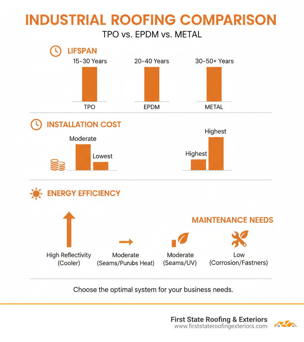 infographic comparing TPO EPDM and Metal roofing based on Lifespan, Installation Cost, Energy Efficiency, and Maintenance Needs - industrial roofing companies near me infographic infographic comparing TPO EPDM and Metal roofing based on Lifespan, Installation Cost, Energy Efficiency, and Maintenance Needs - industrial roofing companies near me infographic