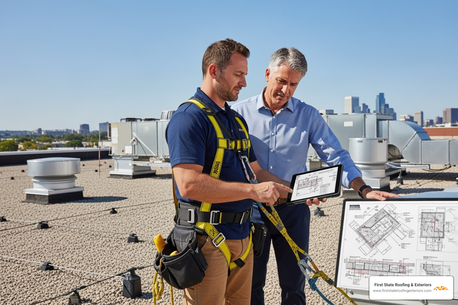 contractor wearing a safety harness showing a building manager a detailed roofing plan on a tablet - industrial roofing companies near me contractor wearing a safety harness showing a building manager a detailed roofing plan on a tablet - industrial roofing companies near me