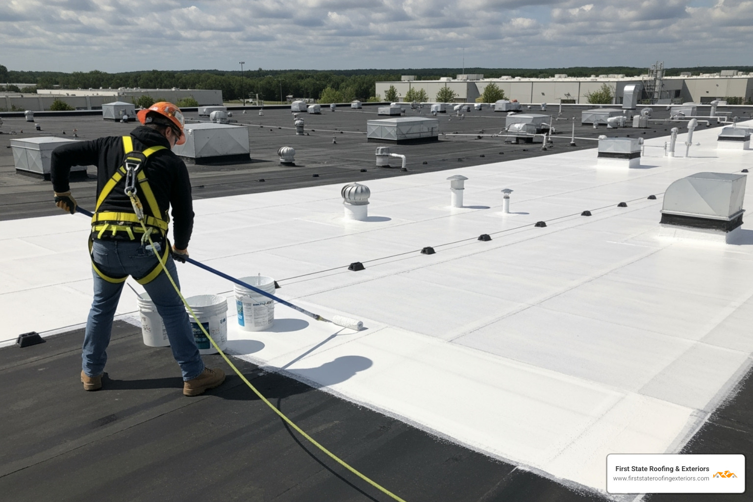 roofer wearing a safety harness applying a reflective coating to an industrial roof - industrial roofing companies near me roofer wearing a safety harness applying a reflective coating to an industrial roof - industrial roofing companies near me