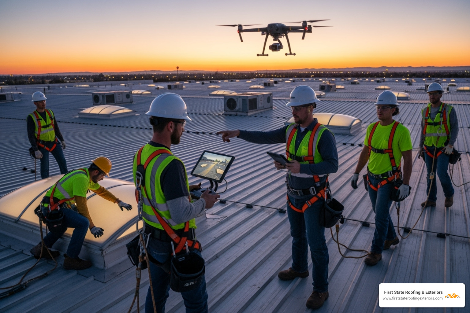 professional roofing crew conducting a drone inspection of a large warehouse roof, with roofers wearing safety harnesses - industrial roofing companies near me professional roofing crew conducting a drone inspection of a large warehouse roof, with roofers wearing safety harnesses - industrial roofing companies near me