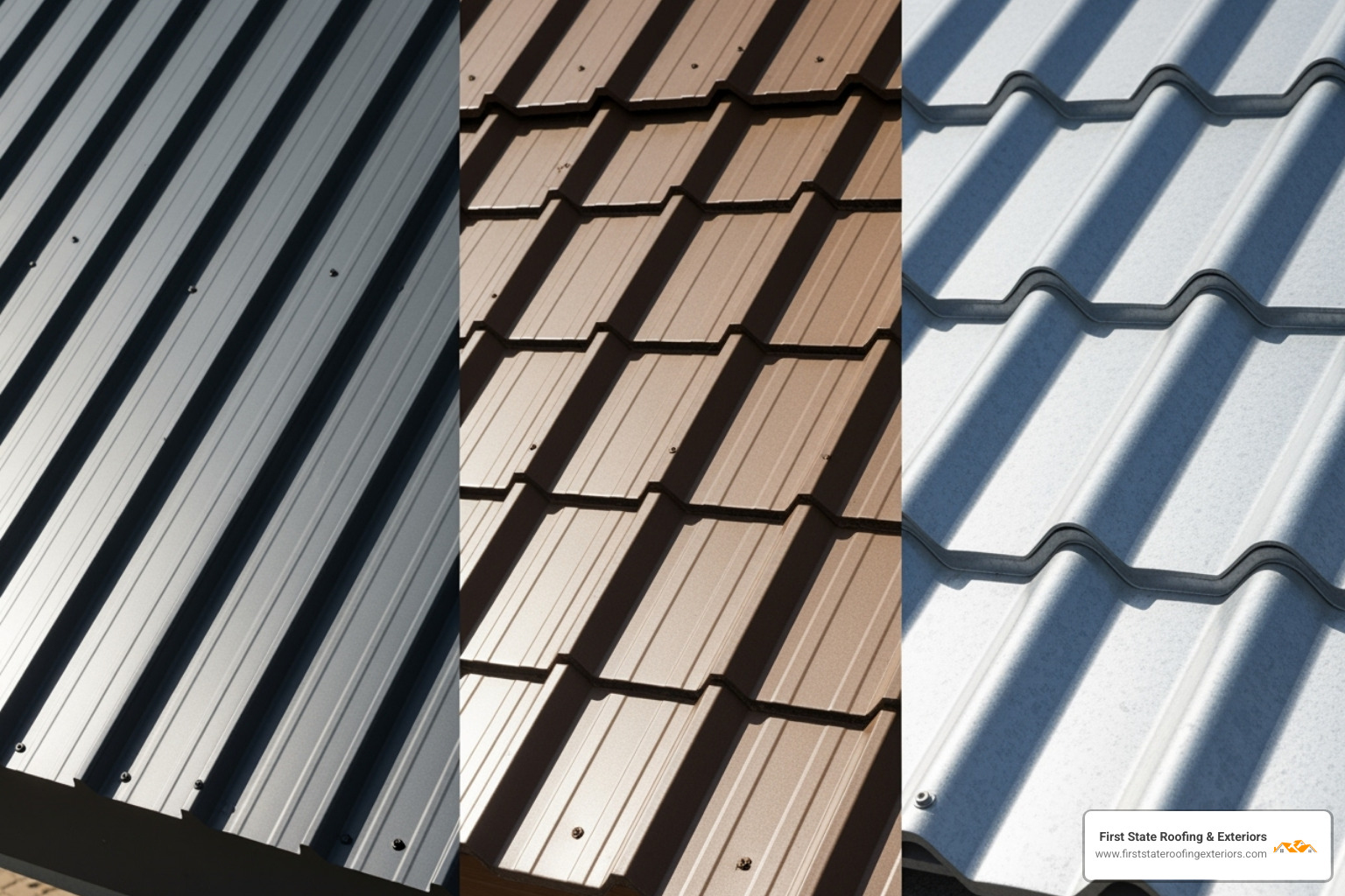 different metal roof style samples (standing seam, shingles, corrugated) - Milford metal roofing