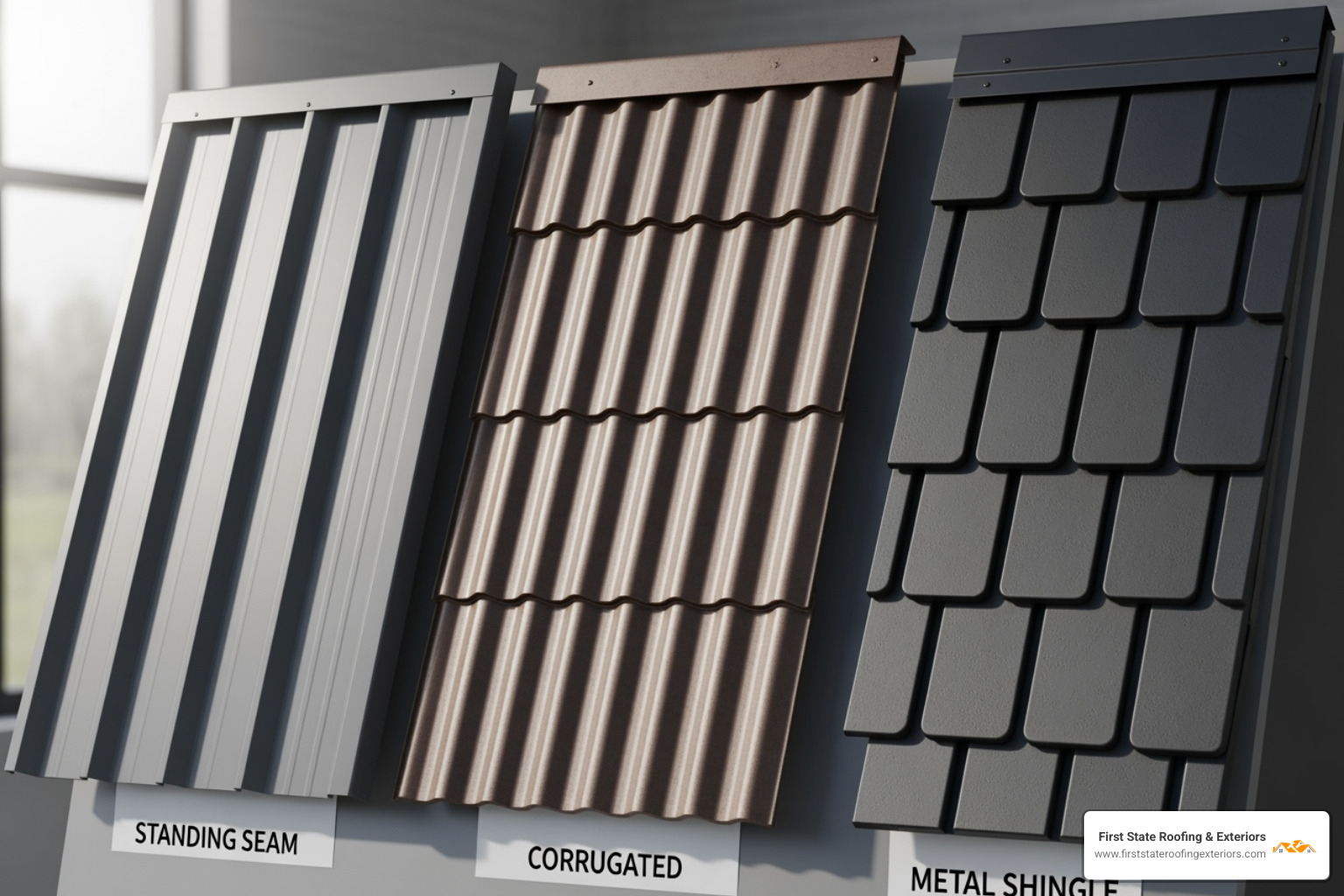 side-by-side comparison of standing seam, corrugated, and metal shingle profiles - roofing metal near me