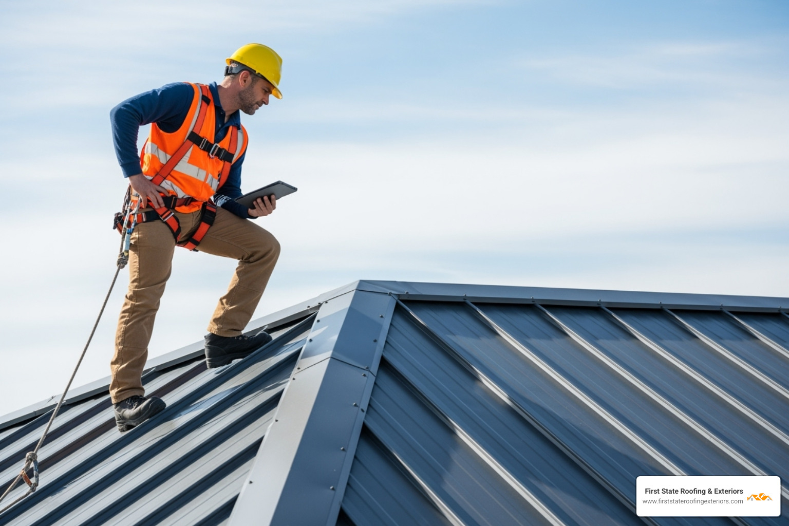 roofer performing a routine inspection on a metal roof with proper safety harness - roofing metal near me