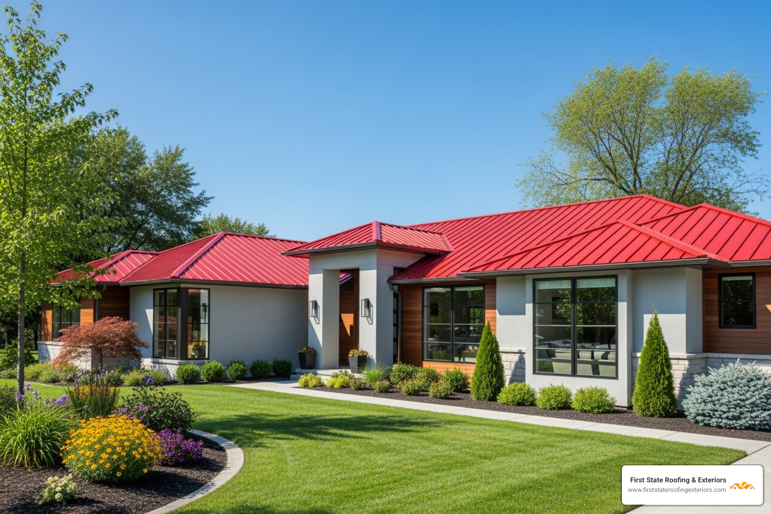 home showcasing a bold metal roof color - roofing metal near me