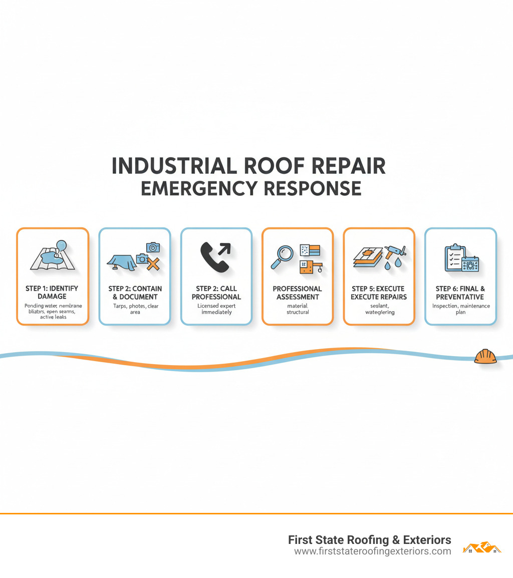 Infographic showing the industrial roof repair emergency response process: Step 1 - Identify the damage (ponding water, membrane blisters, open seams, active leaks), Step 2 - Contain and document (tarps, photos, clear the area), Step 3 - Call a licensed professional immediately, Step 4 - Professional assessment (leak detection, material inspection, structural evaluation), Step 5 - Execute repairs (emergency patching, membrane replacement, sealant application, waterproofing), Step 6 - Final inspection and preventative maintenance plan - industrial roof repair near me infographic Infographic showing the industrial roof repair emergency response process: Step 1 - Identify the damage (ponding water, membrane blisters, open seams, active leaks), Step 2 - Contain and document (tarps, photos, clear the area), Step 3 - Call a licensed professional immediately, Step 4 - Professional assessment (leak detection, material inspection, structural evaluation), Step 5 - Execute repairs (emergency patching, membrane replacement, sealant application, waterproofing), Step 6 - Final inspection and preventative maintenance plan - industrial roof repair near me infographic