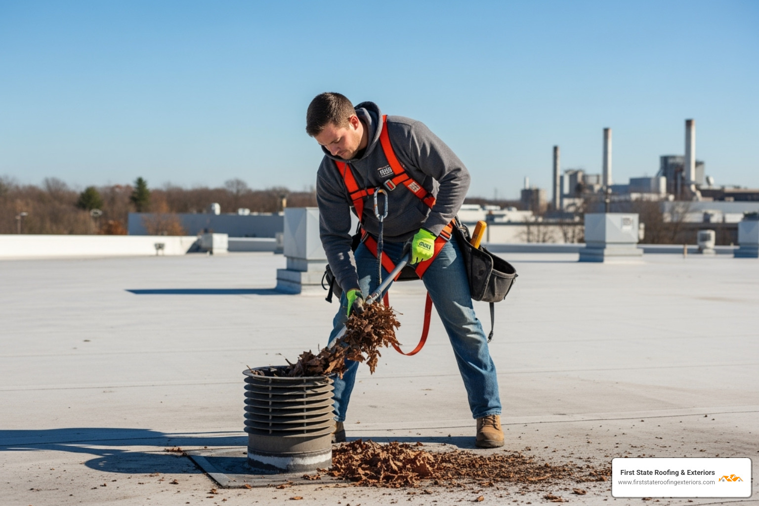 roofer clearing debris from an industrial roof drain - industrial roof repair near me roofer clearing debris from an industrial roof drain - industrial roof repair near me