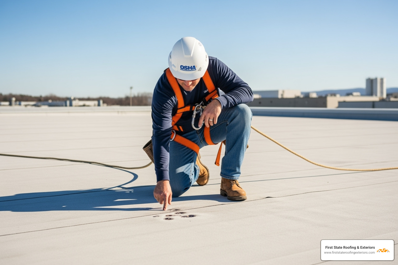 roofer pointing out a blister on a flat roof membrane - industrial roof repair near me roofer pointing out a blister on a flat roof membrane - industrial roof repair near me