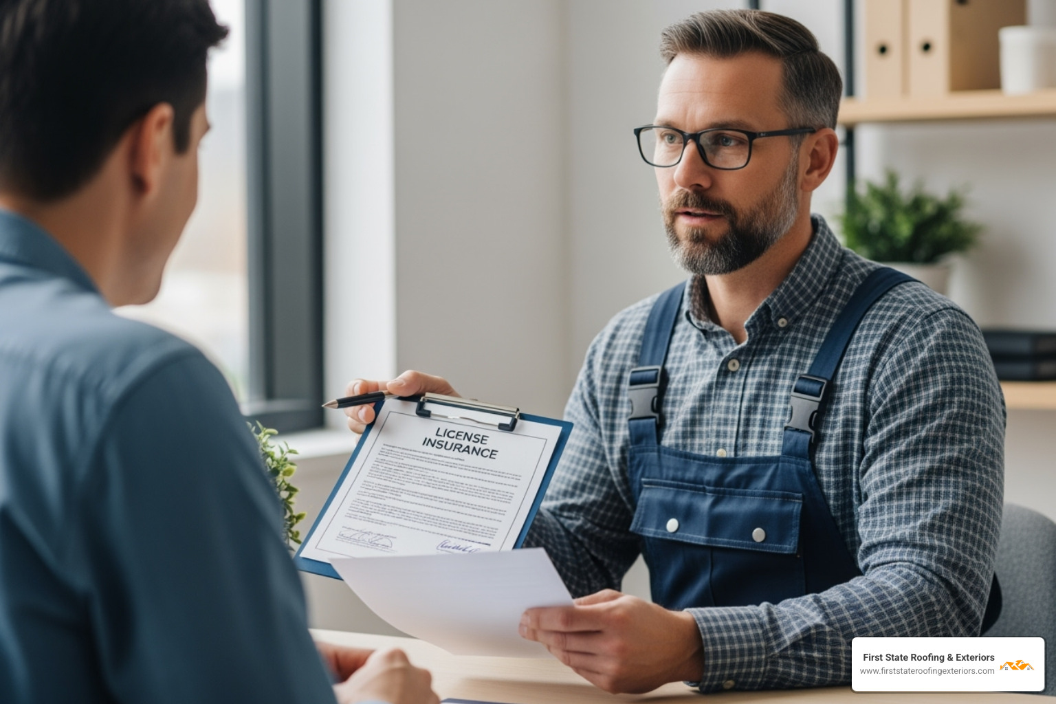 contractor showing a client their license and insurance documents - industrial roof repair near me contractor showing a client their license and insurance documents - industrial roof repair near me