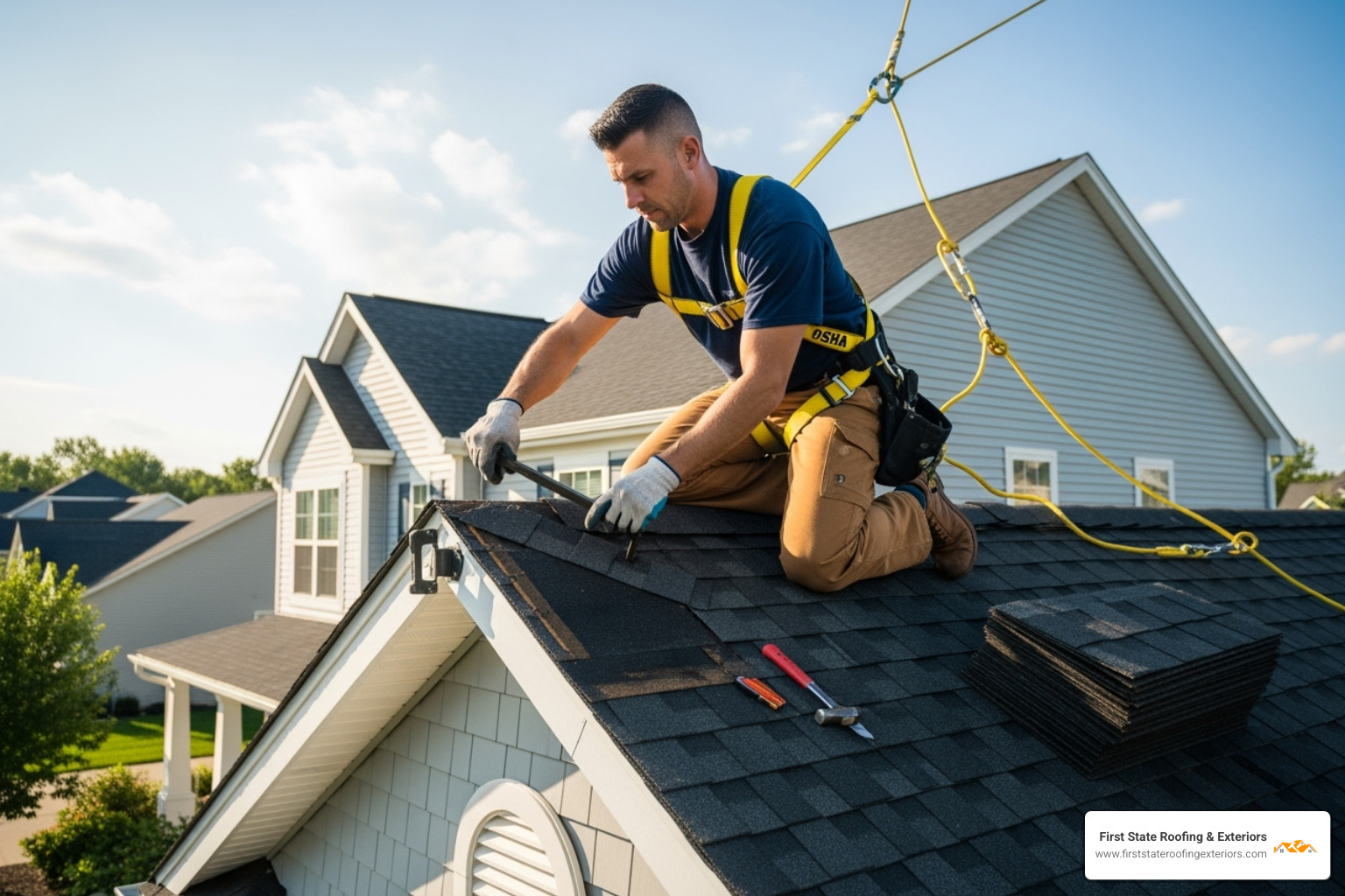 professional roofer carefully replacing shingles on a residential roof - roof repair dover delaware