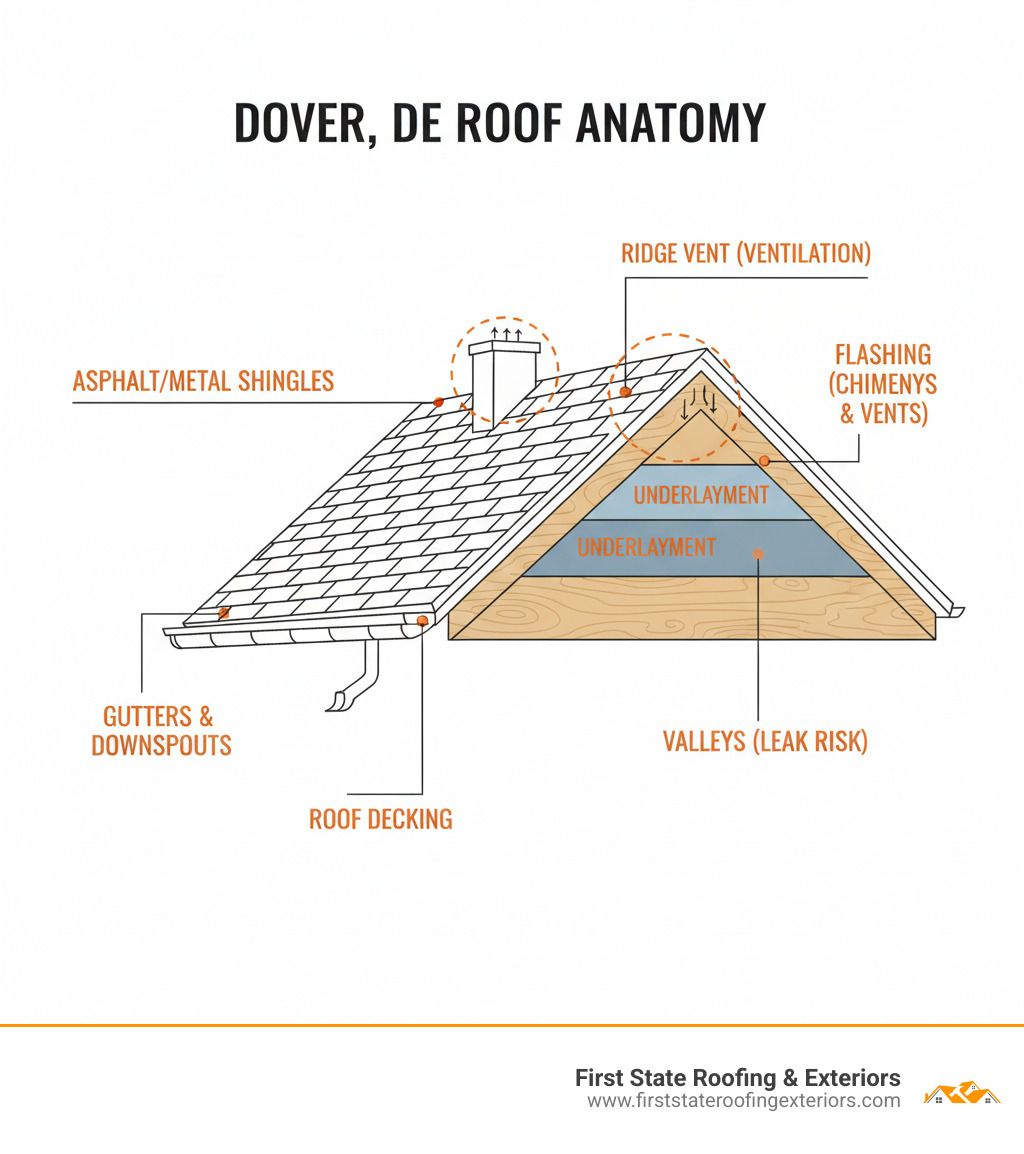 Infographic showing the anatomy of a residential roof system in Dover, DE, with labeled components including roof decking, underlayment, asphalt or metal shingles, flashing around chimneys and vents, ridge vents for ventilation, gutters and downspouts, and common problem areas like valleys and penetrations where leaks often start - roof repair dover delaware infographic 