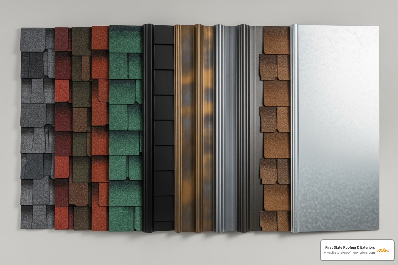 various roofing material samples like asphalt shingles and metal panels - roof repair dover delaware