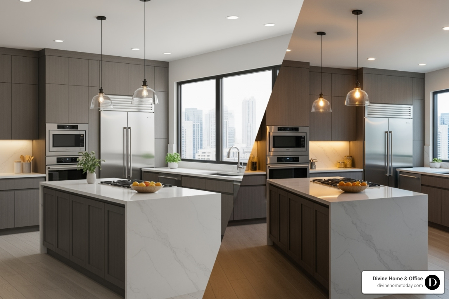 3D rendering of a kitchen design next to the completed kitchen - denver colorado interior design services
