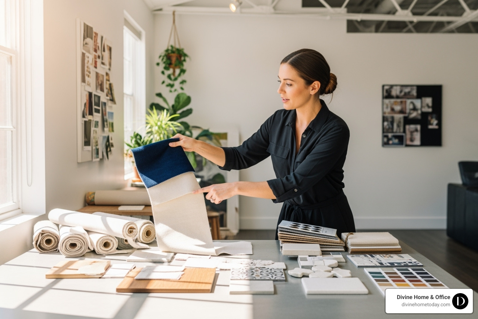 designer presenting fabric swatches and material samples - denver colorado interior design services