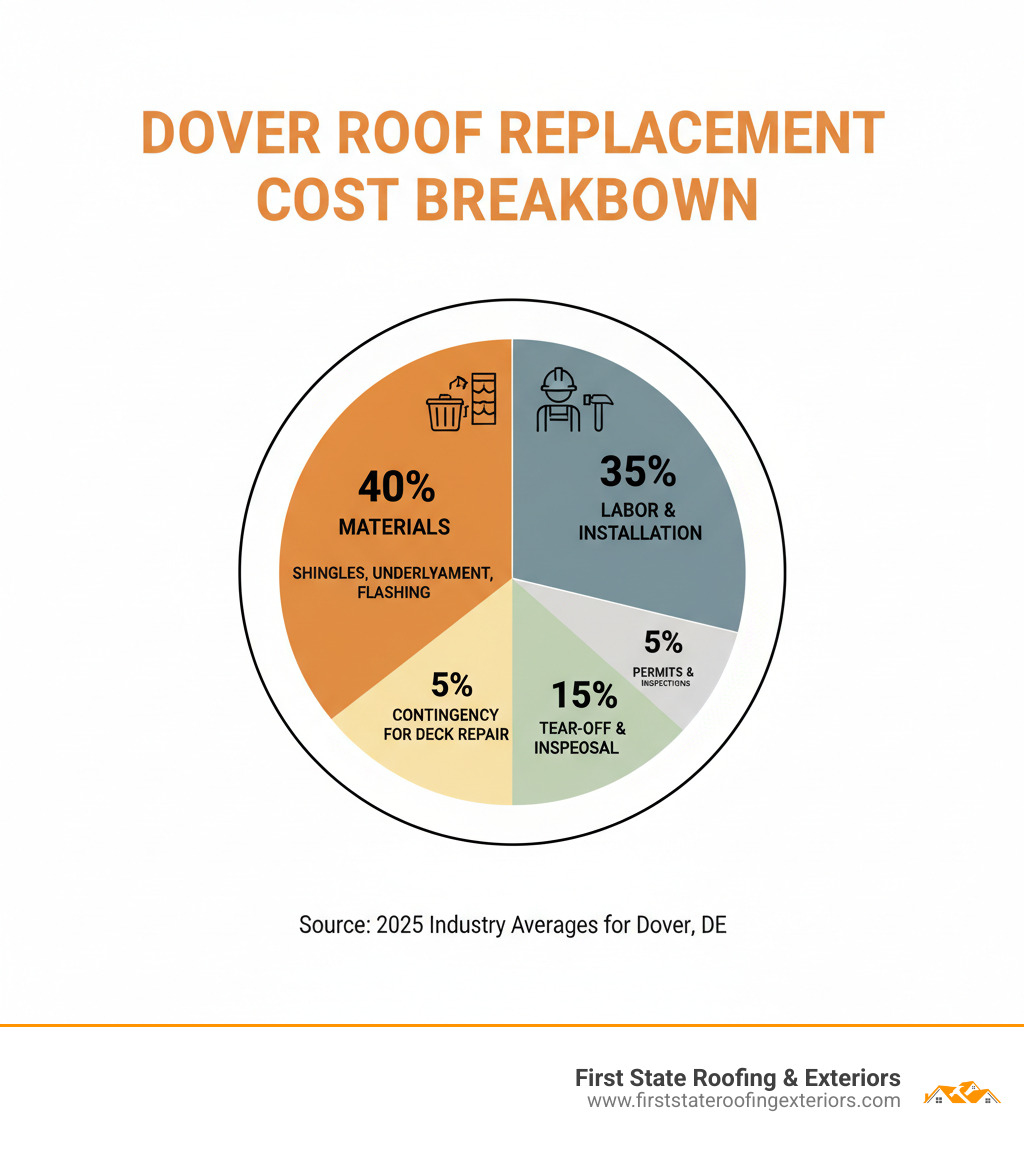 Infographic showing the cost breakdown of a typical Dover roof replacement: 40% materials including shingles underlayment and flashing, 35% labor and installation, 15% tear-off and disposal of old roofing, 5% permits and inspections, and 5% contingency for deck repair - new roof cost dover delaware infographic Infographic showing the cost breakdown of a typical Dover roof replacement: 40% materials including shingles underlayment and flashing, 35% labor and installation, 15% tear-off and disposal of old roofing, 5% permits and inspections, and 5% contingency for deck repair - new roof cost dover delaware infographic