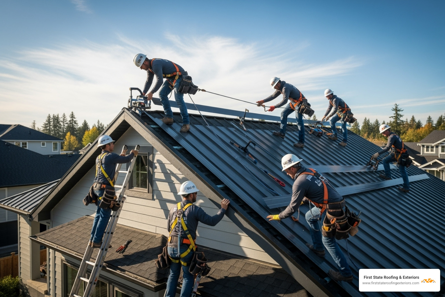 professional roofing crew installing a standing seam metal roof - Milton metal roofing
