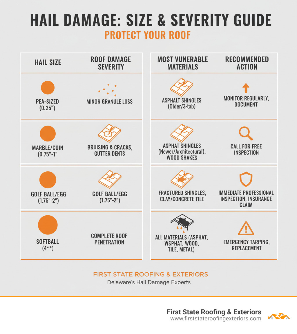 Detailed infographic showing four columns: Column 1 displays hail sizes from pea-sized (0.25 inches) up to softball-sized (4+ inches) with actual-size circles. Column 2 shows corresponding roof damage severity from minor granule loss to complete roof penetration. Column 3 indicates which roofing materials are most vulnerable at each size (asphalt shingles, wood shakes, tile, metal). Column 4 provides recommended action steps from monitoring to immediate professional inspection and emergency tarping. - roof hail damage infographic 