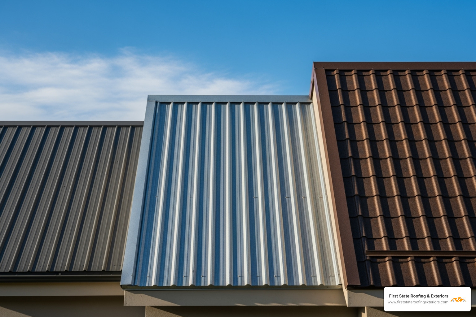 showcasing different metal roof styles like standing seam, corrugated, and metal shingles - Milton metal roofing