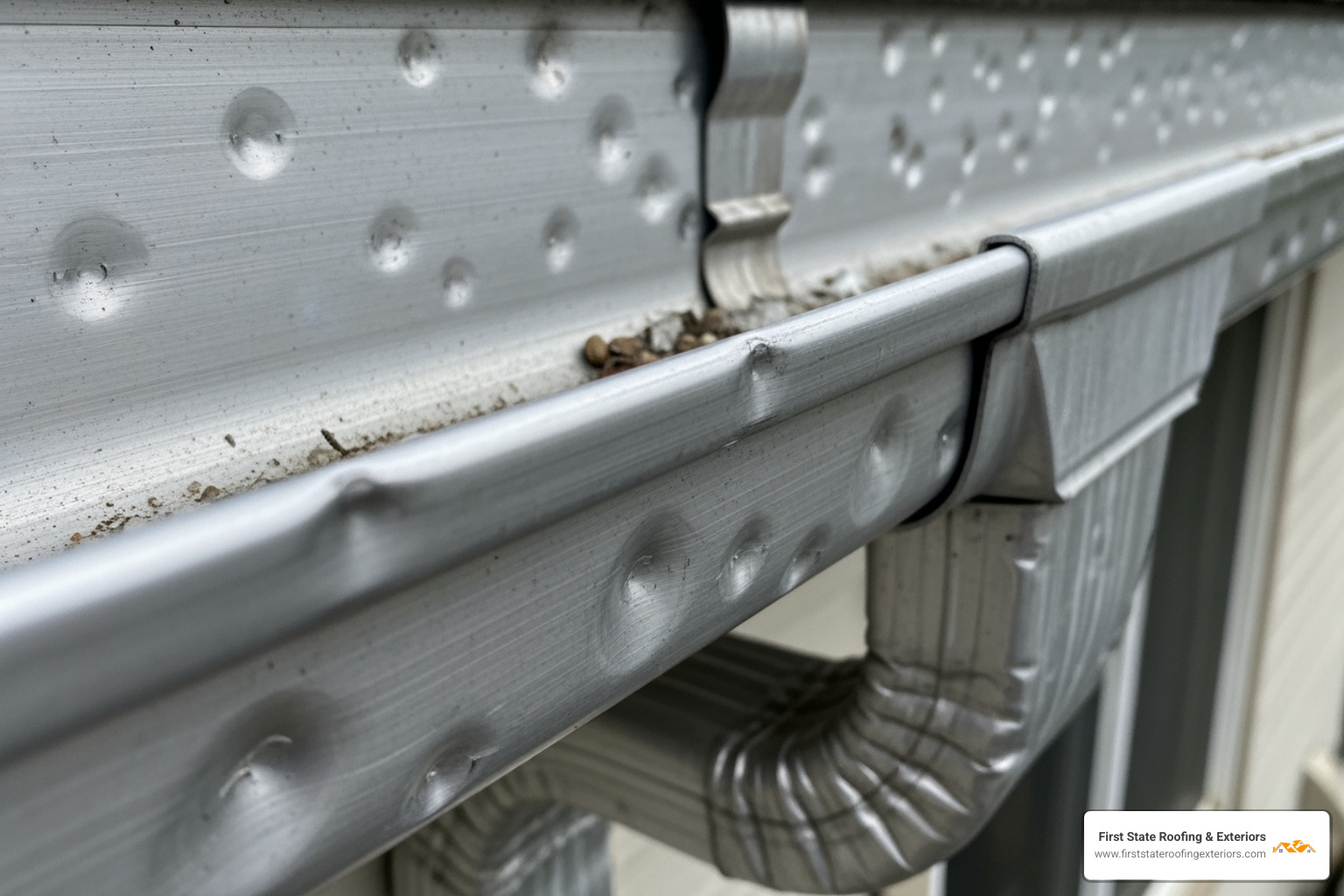 a dented gutter section next to a downspout - roof hail damage