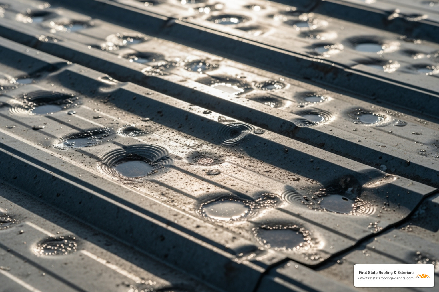 dents on a metal roof panel - roof hail damage