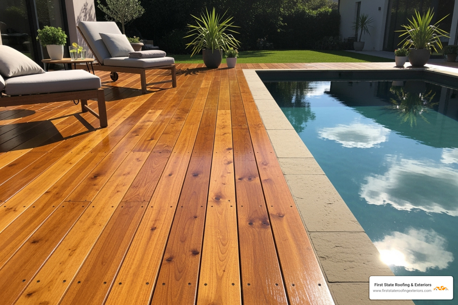 A clean, restored wooden deck next to a sparkling clean pool - power washing Delaware