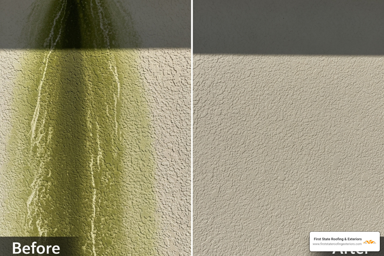 before-and-after comparison of a moldy wall and a clean one - power washing Delaware