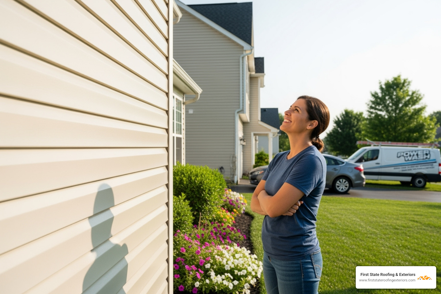 A homeowner inspecting their newly cleaned siding after a power wash service - power washing Delaware
