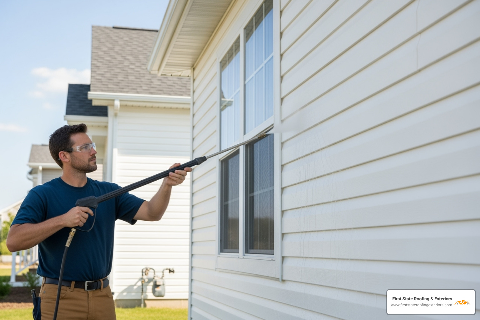 A technician safely soft washing a home's vinyl siding - power washing Delaware
